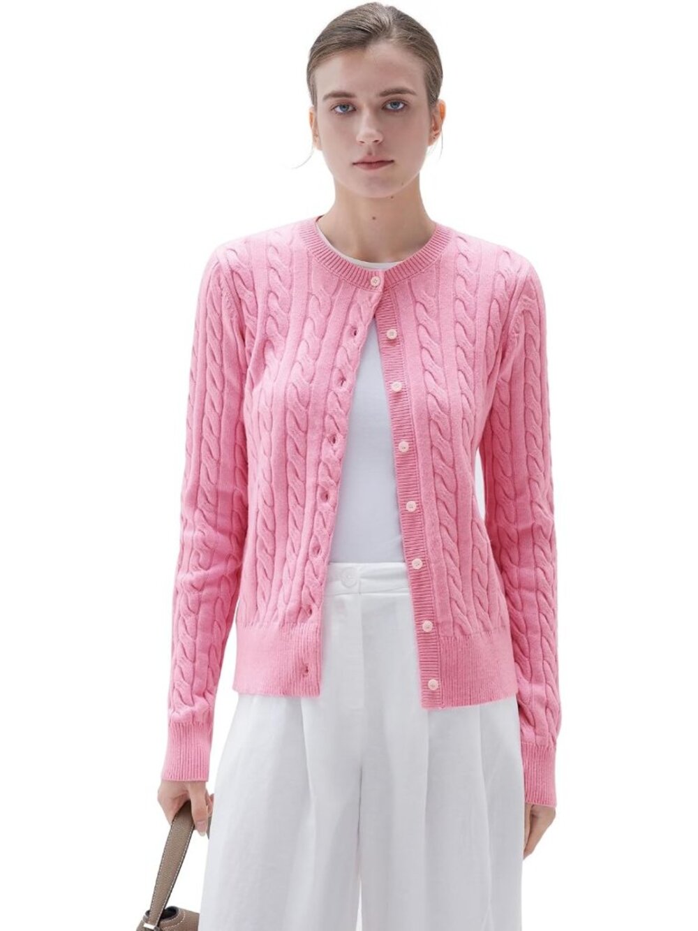 Cozy Cable Knit Cashmere Blend Cardigan - Chunky Crew Neck, Long Sleeve Fall